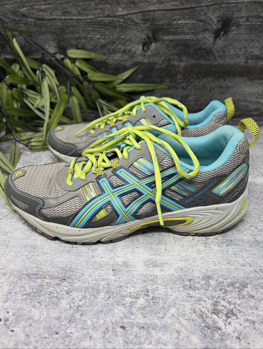 Asics Gel Venture 5 Gray Teal Yellow Sneakers Athletic Running Shoes Size 9.5